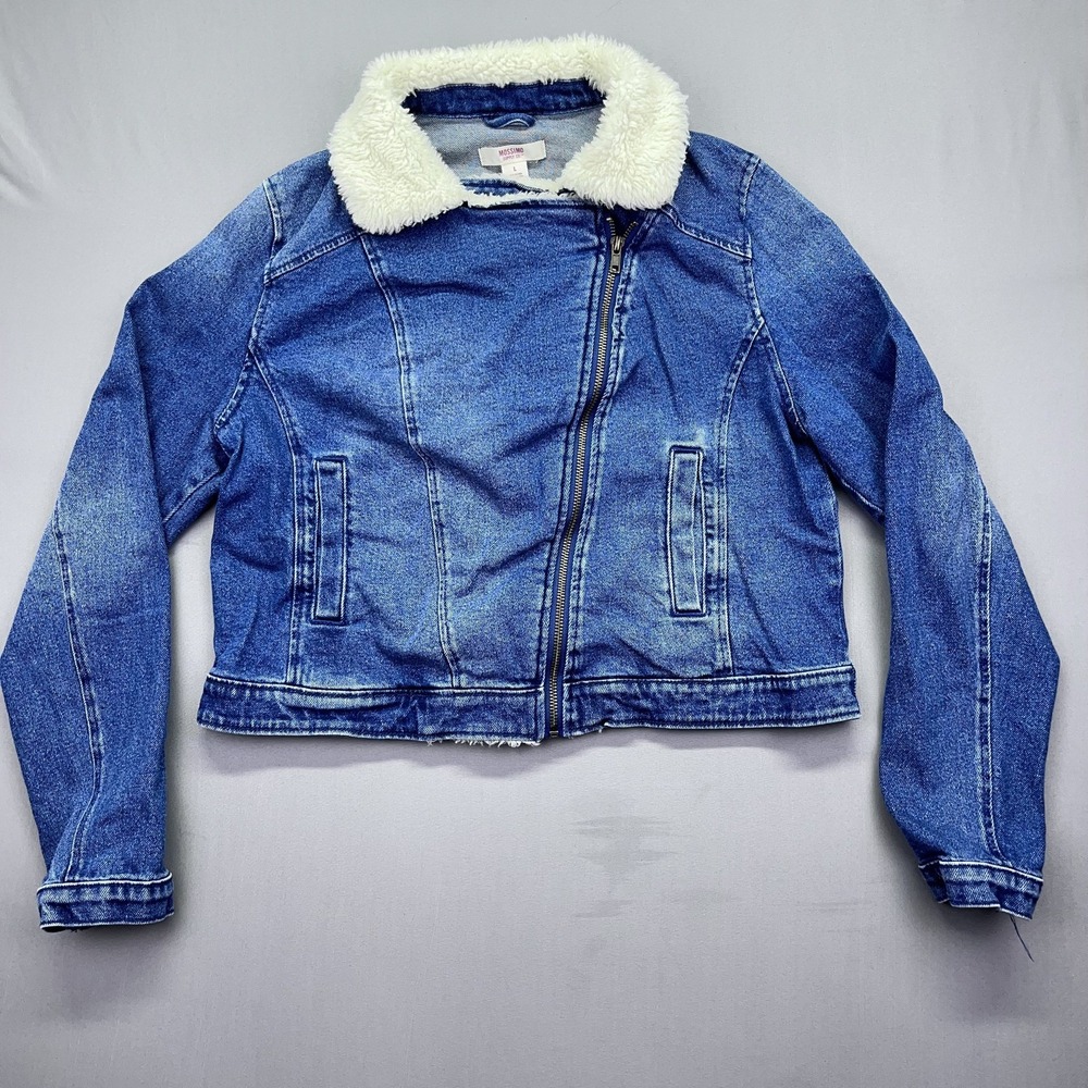 Mossimo Cropped Jean Jacket Womens Blue Denim Full Zip Sherpa Collar Size L